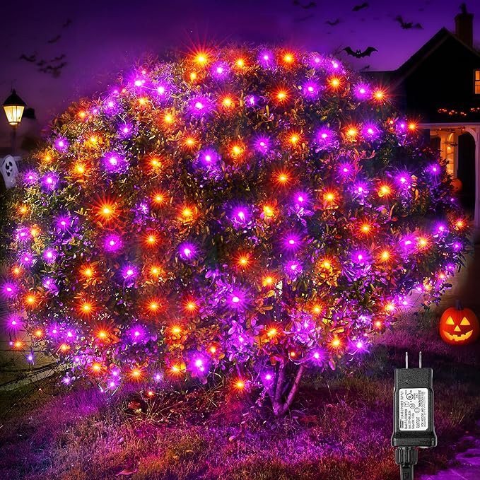 BlcTec Halloween Lights Outdoor 360 LED 9.8ft x 6.6 Orange Purple Halloween Mesh Lights with 8 Modes, Timer, Connectable, Waterproof and Green Wire Design for Lawn, Bushes Outdoor Holiday Decorations
