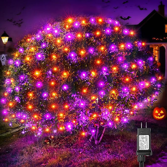 BlcTec Halloween Lights Outdoor 360 LED 9.8ft x 6.6 Orange Purple Halloween Mesh Lights with 8 Modes, Timer, Connectable, Waterproof and Green Wire Design for Lawn, Bushes Outdoor Holiday Decorations