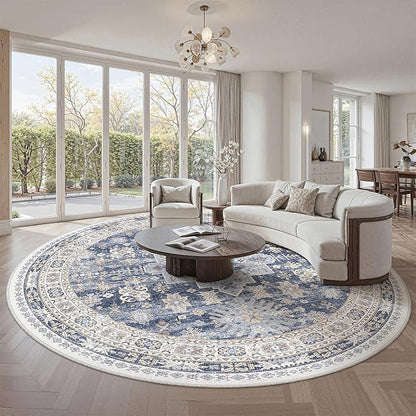 zesthome 9ft Round Rugs for Living Room, Non-Slip Washable Round Area Rugs, Ultra-Thin Large Circle Rugs, Soft Low Pile Rug for Bedroom, Kitchen - Vintage Stain Resistant Round Rug (Blue/Beige,9'x9')