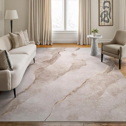 Bloom Rugs Caria Washable Non-Slip 9x12 Rug - Ivory/Gold Modern Abstract Area Rug for Living Room, Bedroom, Dining Room, and Kitchen - Exact Size: 9' x 12'
