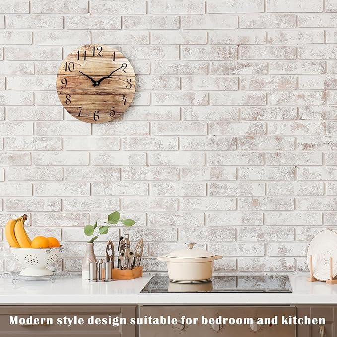 Plumeet Wall Clock, 12'' Frameless Wooden Wall Clocks with Silent Quartz Movement, Rustic Country Village Walnut Clocks Decorative for Kitchen Bedroom Living Room, Brown