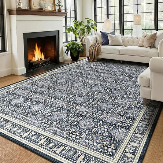 Dark Blue 8x10 Area Rugs for Living Room, Transitional Classic Boho Floral Moroccan Trellis Printed Carpet Rug for Bedroom Dining Room, Low Pile Thin Washable Non Slip Room Rug for Office