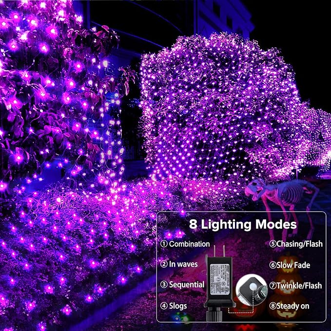 BlcTec Halloween Net Lights, 200 LED 8.2ft x 4.9ft Purple Halloween Lights with 8 Modes, Timer, Connectable, Waterproof and Green Wire Design for Trees, Bushes Outdoor Decorations