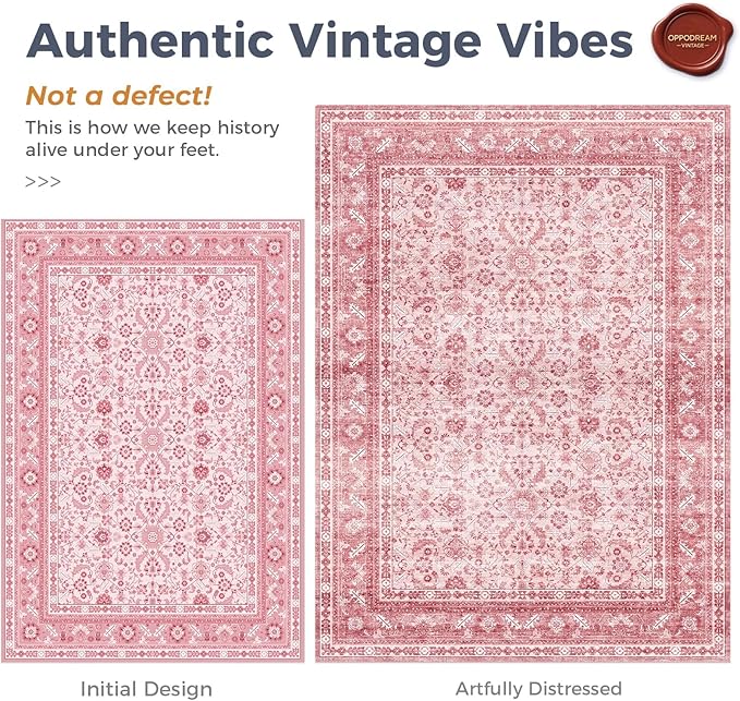 OPPODREAM Thin Vintage Pink 2x12 Runner Rug, 2 x 12 Retro Washable Rug Non Slip, Low-Pile Faux Wool Carpet, Distressed Floor Mat for Kitchen, Hallway, Entry-Way, Entrance, Indoor Back Door