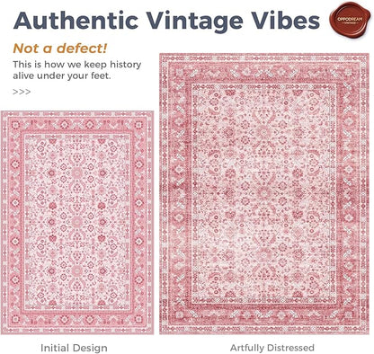 OPPODREAM Thin Vintage Pink 2x8 Runner Rug, 2 x 8 Retro Washable Rug Non Slip, Low-Pile Faux Wool Carpet, Distressed Floor Mat for Kitchen, Hallway, Entry-Way, Entrance, Indoor Back Door
