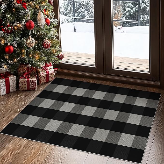 GENIMO Checkered Rug 4x6 Ft Black and White Outdoor Rug Buffalo Plaid Rugs Mat Fall Doormats Washable Rug for Front Porch Decor Indoor Entrance Patio Balcony Entryway