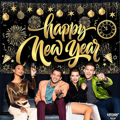 KatchOn, XtraLarge Happy New Year Banner - 72x44 Inch | Happy New Year Backdrop for New Years Decorations 2026 | NYE Eve Banner for NYE Decorations 2026 | New Years Eve Party Supplies 2026