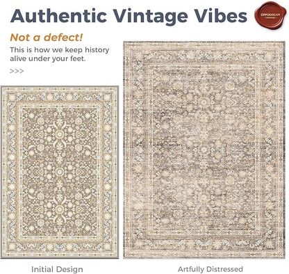 OPPODREAM Thin Vintage Beige 2x6 Runner Rug, 2 x 6 Retro Washable Rug Non Slip, Low-Pile Faux Wool Carpet, Distressed Tan Floor Mat for Kitchen, Hallway, Entry-Way, Entrance, Indoor Back Door