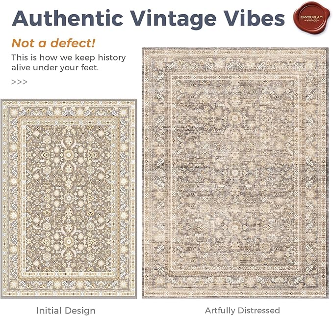 OPPODREAM Thin Vintage Beige 3x6 Runner Rug, 3 x 6 Retro Washable Rug Non Slip, Low-Pile Faux Wool Carpet, Distressed Tan Floor Mat for Kitchen, Hallway, Entry-Way, Entrance, Indoor Back Door