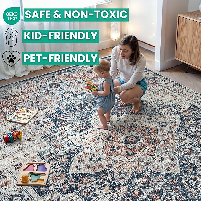 Bloom Rugs Caria Washable Non-Slip 5x7 Rug - Terracotta/Teal Traditional Area Rug for Living Room, Bedroom, Dining Room, and Kitchen - Exact Size: 5' x 7'