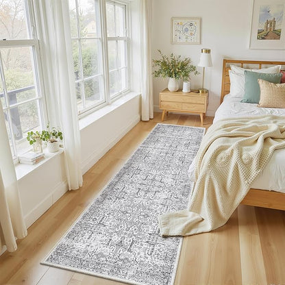 2x6 Hallway Washable Runner Rug - Soft Non Slip Vintage Rugs for Entryway Low-Pile Farmhouse Neutral Kitchen Runners Living Room Floor Mat Stain Resistant Distressed Carpet for Bedroom Bathroom Grey