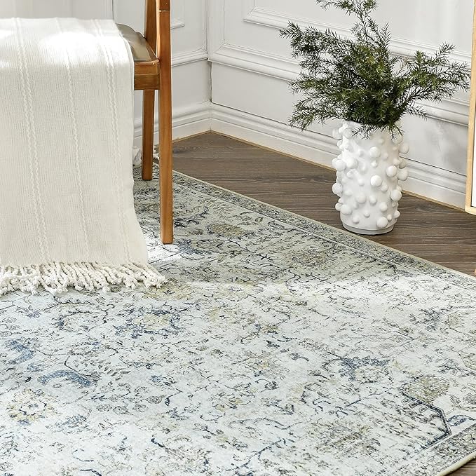 jinchan Runner Rug 3x8 Washable Hallway Rug Vintage Indoor Thin Retro Floor Cover Distressed Floral Country Lightweight Non Slip Carpet for Entryway Bathroom Kitchen Bedroom Living Room Stairway Blue