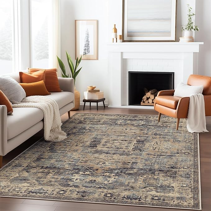 GENIMO Machine Washable 8x10 Area Rugs for Living Room, Non Slip Vintage Rugs, Low Pile Lightweight Chenille Print Rug for Bedroom, Dining Room, Home Office, Tawny Sage