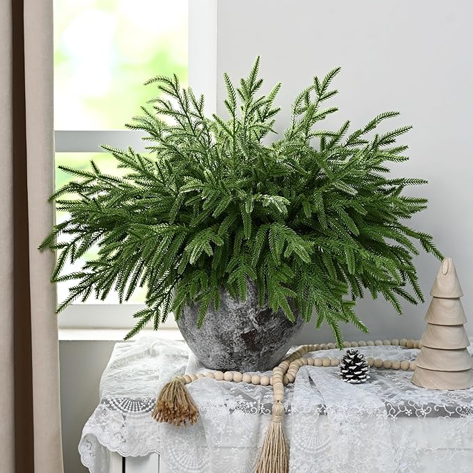 Waipfaru Christmas 12 Pcs Norfolk Pine Stems, 18 Inch Real Touch Artificial Norfolk Pine Branches, Christmas Greenery for DIY Cedar Garland, Indoor & Outdoor Xmas Holiday Home Decor