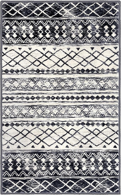 KUTA 4x6 Rug Boho Rugs for Living Room, Moroccan Washable Kitchen Rug Non Slip, Black Navy Blue Ultra Soft Print Geometric Entry Low-Pile Throw Carpet for Bedroom Nursery Dorm Decor