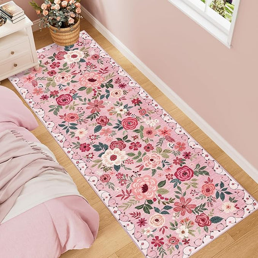 DUKINO 2.6x8 Kitchen Runner Rug for Hallway, Washable Runner Rug with Non Slip Backing, Low Pile Soft Boho Floral Carpet for Hallway, Kitchen, Entryway, Laundry, Bedroom, Pink