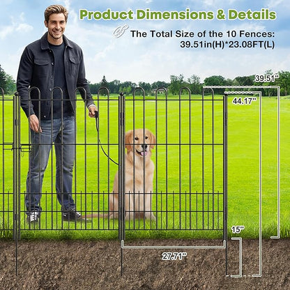 10 Panels Garden Fence with Latch Gate, 39.51in (H) X 23.08ft(L) Animal Barrier Fence with 1in Gaps for Rabits, Tall Dog Fencing Outdoor for Yard, Flower Beds, Patios, Vegetable Patches