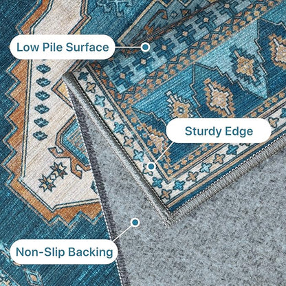 GENIMO 2x10 Washable Runner Rug for Hallway, Vintage Non Slip Low Pile Carpet, Soft Lightweight Printed Rug for Entryway, Kitchen, Corridor & Home Office, Navy/Brick