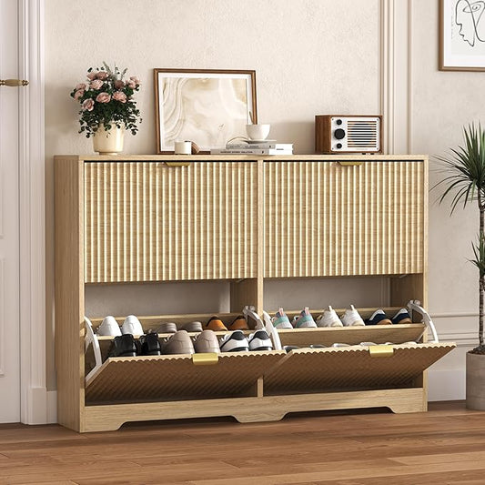 Shoe Cabinet Storage for Entryway with 4 Flip Drawers, Oak Fluted Shoe Cabinet with Adjustable Shelves, Wooden Hidden Shoes Rack Freestanding Narrow Slim Shoes Storage for Hallway, Entrance