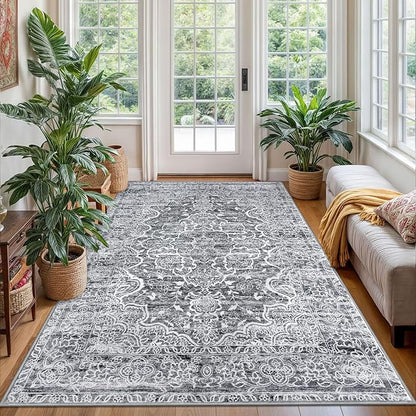 KUTA Area Rug 4x6 Living Room, Washable Rugs Vintage Distressed Tribal Grey Blue White, Non-Slip Dining Room Carpet, Extra Soft Low Pile Printed Traditional Medallion Cozy Throw for Bedroom