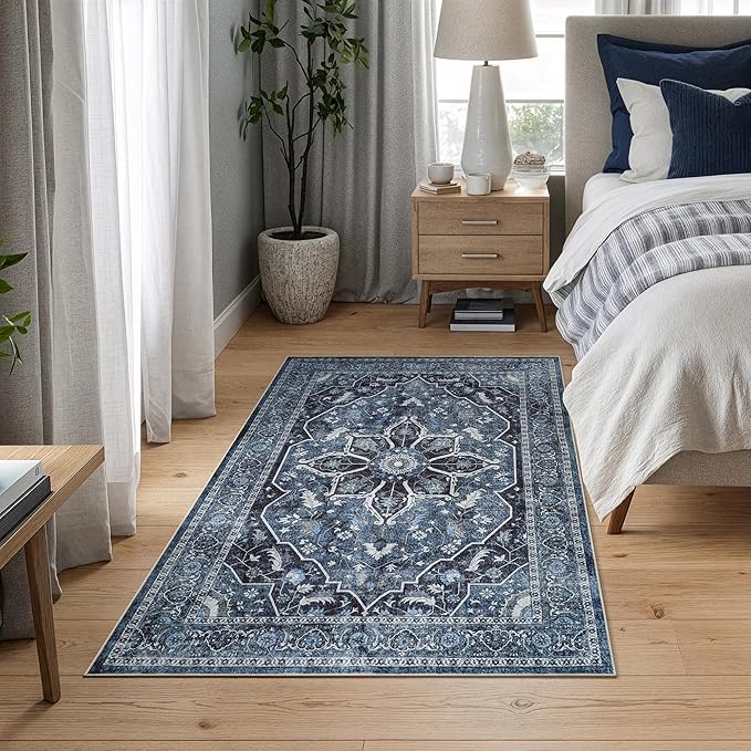 Bloom Rugs Caria Washable Non-Slip 3x5 Rug - Blue/Charcoal Traditional Area Rug for Living Room, Bedroom, Dining Room, and Kitchen - Exact Size: 3' x 5'
