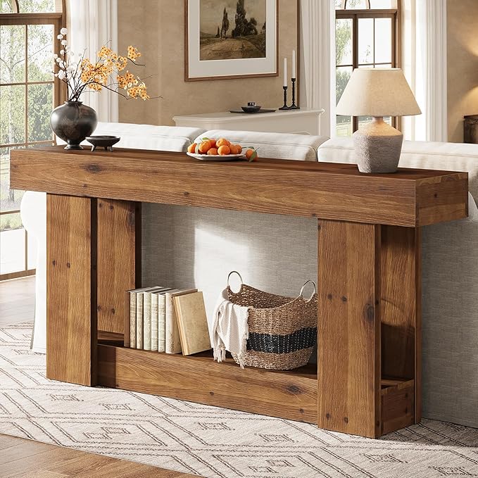 63-Inch Entryway Table, Farmhouse Solid Wood Console Table with U-Shaped Base, 2-Tier Narrow Long Sofa Table Behind The Couch for Living Room, Hallway, Foyer, Entrance, Rustic Brown
