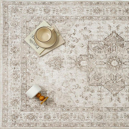 Taupe 6x9 Area Rug Washable Vintage Living Room Carpet Non Slip Retro Distressed Low Pile Soft Oriental Medallion Thin Large Throw Rug for Office Bedroom Dining Room Playroom