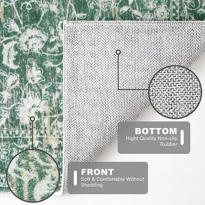 KILOCOCO Hallway Runner 2x8 Rug Runner Printed Vintage Floral Washable Kitchen Runners Non-Slip Rubber Backed Runners for Hallways Laundry Room Distressed Boho Rugs for Entryway Bedroom, Green