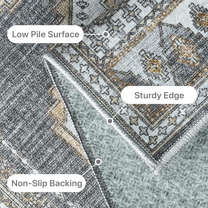 GENIMO Machine Washable 8x10 Area Rugs for Living Room, Non Slip Vintage Rugs, Low Pile Lightweight Chenille Print Rug for Bedroom, Dining Room, Home Office, Gray/Beige