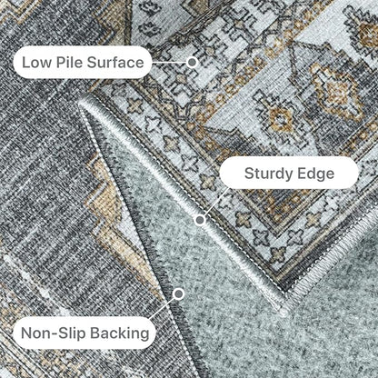 GENIMO Machine Washable 8x10 Area Rugs for Living Room, Non Slip Vintage Rugs, Low Pile Lightweight Chenille Print Rug for Bedroom, Dining Room, Home Office, Gray/Beige