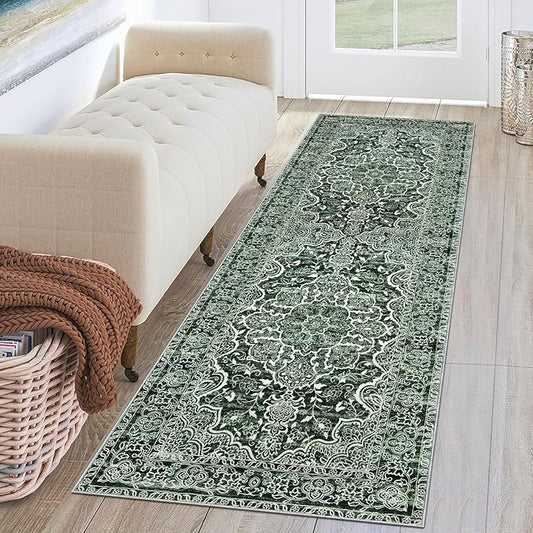 KUTA Runners for Hallways 2x6 Dark Green, Vintage Floral Rug Non-Slip Washable Kitchen Rugs Printed Retro Distressed Flower Carpet Entryway Rugs for Bedroom Laundry Nursery
