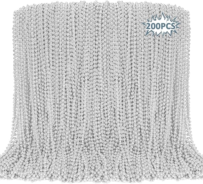200PCS Bead Necklace, Silver Christmas Bead Stuff Party Favors, 33" Xmas Necklaces Women and Men, Festival Events Parade Throw Accessories for Wedding Birthday Celebrations Decorations