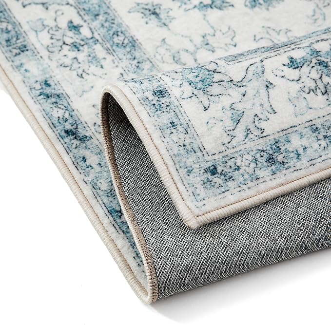 Blue Area Rug 6x9 Washable Vintage Carpet for Living Room Bedroom Large Soft Retro Low Pile Thin Indoor Rug Non Slip Oriental Medallion Floor Cover for Dining Room Office