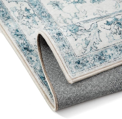 Blue Area Rug 4x6 Washable Vintage Carpet for Office Living Room Soft Retro Low Pile Thin Indoor Rug Non Slip Oriental Medallion Floor Cover for Bedroom Kitchen Dining Room