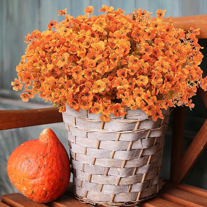 18 Bundles Artificial Mums for Outdoors/Indoors Faux Mums for Outdoor Planters, Eucalyptus Leaves Fall Flowers Artificial for Decoration Boxwood Garden Porch Window Home Wedding(Fall Orange)
