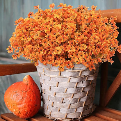 18 Bundles Artificial Mums for Outdoors/Indoors Faux Mums for Outdoor Planters, Eucalyptus Leaves Fall Flowers Artificial for Decoration Boxwood Garden Porch Window Home Wedding(Fall Orange)