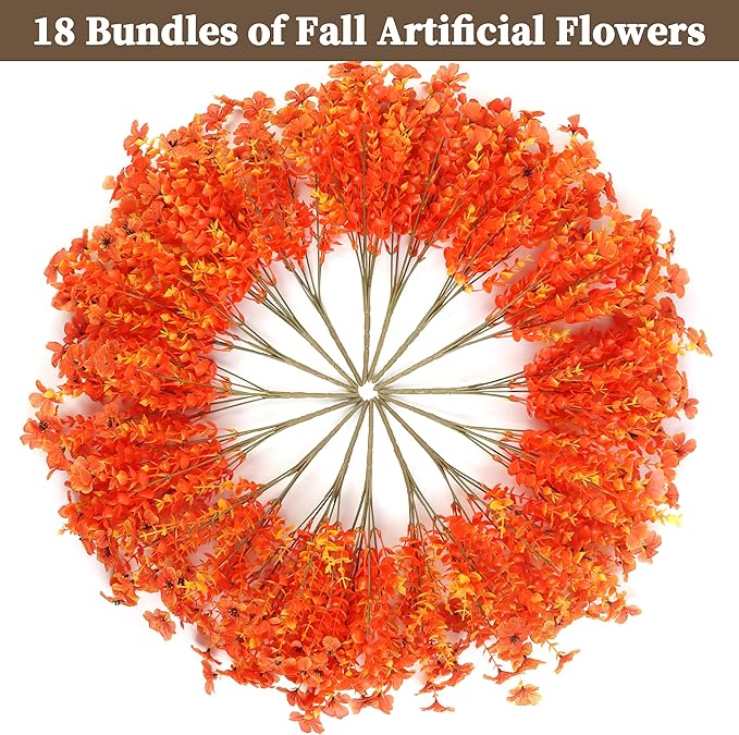 18 Bundles Artificial Mums for Outdoors/Indoors Faux Mums for Outdoor Planters, Eucalyptus Leaves Fall Flowers Artificial for Decoration Boxwood Garden Porch Window Home Wedding(Orange)
