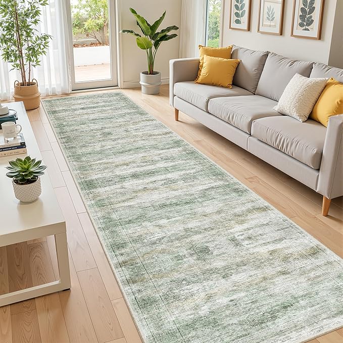 Long Hallway Runner Rug- Carpet Runners for Hallway 12ft, Anti Slip Backing Washable Rug Runner for Entrance, Living Room, Soft Low Pile Mordern Rug Runner(2'x12', Green/Yellow/Ivory)