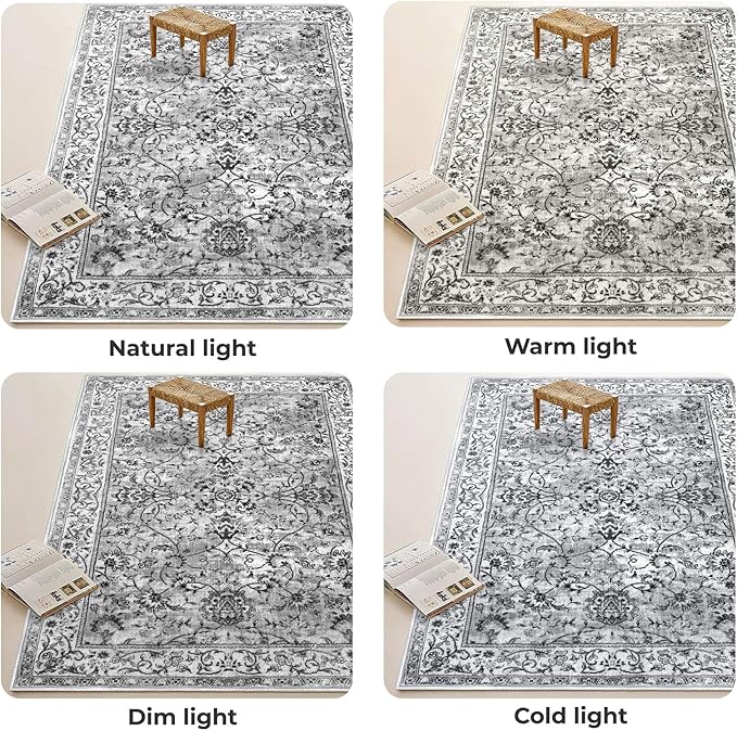 KILOCOCO Moroccan Kitchen Runner Rug 2x5 Runner Rug Washable Hallway Runners Printed Vintage Floral Non-Slip Rubber Backed Low Pile Distressed Boho Runners for Laundry Room Bedroom, Light Gray White