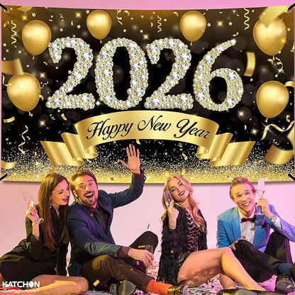 Katchon, Xtralarge Happy New Year Banner - 72x44 Inch | Happy New Year 2026 Banner for New Years Decorations 2026 | New Years Backdrop for New Years Eve Party Supplies 2026 | NYE Decorations 2026