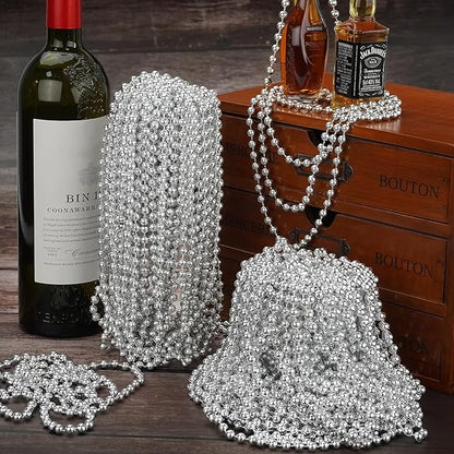 72 PCS Silver Bead Necklaces, Silver Mardi Gras Christmas Beads Necklaces, Patriotic Necklaces, 33 Inch Beaded Necklaces for Mardi Gras Christmas Party, 4th of July and New Year Eve Festive Events
