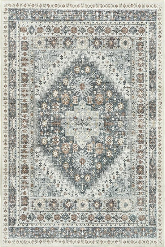 zesthome 6x9 Area Rug, Super Soft Washable Rugs for Living Room, Non-Slip Stain Resistant Vintage Rugs, Ultra-Thin Large Area Rugs (Grey/Orange,6'x9')