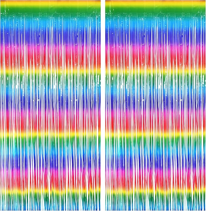 BRAVESHINE Tinsel Foil Curtains - 2 Pack Colorful Party Streamers Fringe Backdrop for Christmas/New Years/Doorway/80s/90s/Dance/Bachelorette/Engagement/Rainbows-theme/Candy/Birthdays Decorations