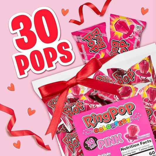 Ring Pop Pink Valentine's Candy, Individually Wrapped Pink Lollipops, Strawberry 30 Ct Bulk Suckers for Kids, Fun Candy for Gender Reveals, Valentine's Gifts, Goodie Bags, Party Favors