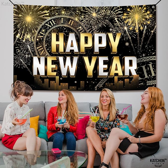 KatchOn, XtraLarge Happy New Year Banner - 72x44 Inch | New Year Backdrop 2026 | New Years Decorations 2026 | NYE Eve Banner For NYE Decorations 2026 | New Years Eve Party Supplies 2026