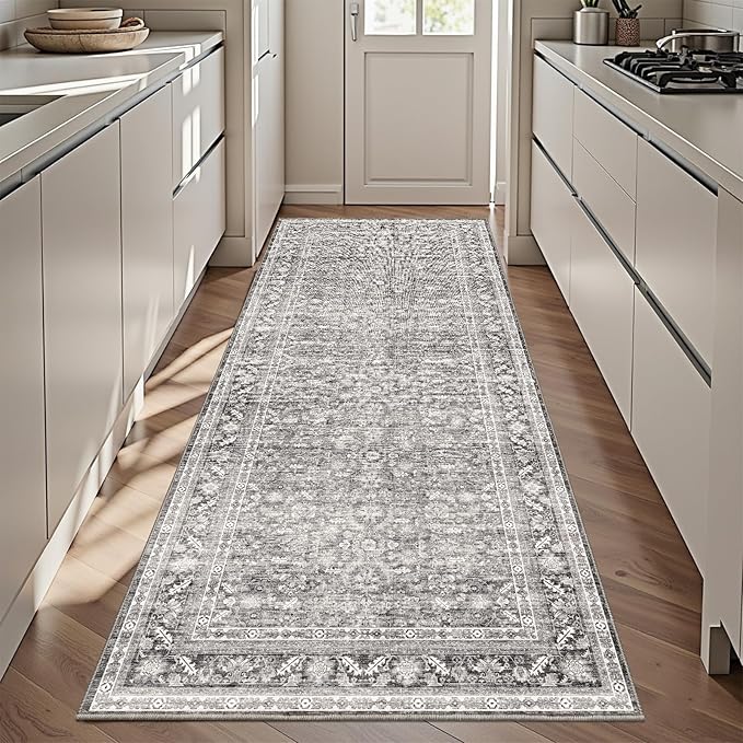 OPPODREAM Thin Vintage Grey 3x6 Runner Rug, 3 x 6 Retro Washable Rug Non Slip, Low-Pile Faux Wool Carpet, Distressed Gray Floor Mat for Kitchen, Hallway, Entry-Way, Entrance, Indoor Back Door