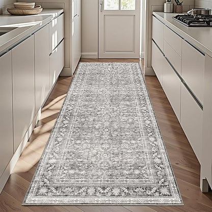 OPPODREAM Thin Vintage Grey 3x6 Runner Rug, 3 x 6 Retro Washable Rug Non Slip, Low-Pile Faux Wool Carpet, Distressed Gray Floor Mat for Kitchen, Hallway, Entry-Way, Entrance, Indoor Back Door