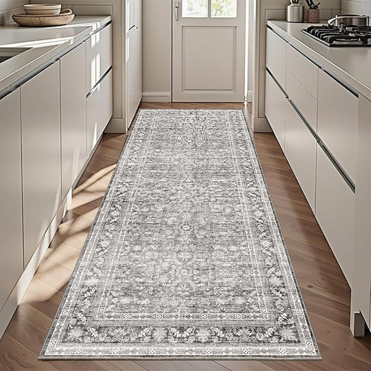 OPPODREAM Thin Vintage Grey 3x6 Runner Rug, 3 x 6 Retro Washable Rug Non Slip, Low-Pile Faux Wool Carpet, Distressed Gray Floor Mat for Kitchen, Hallway, Entry-Way, Entrance, Indoor Back Door