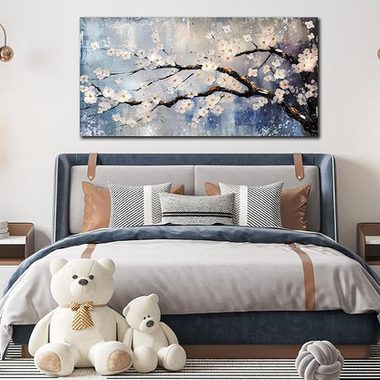 Plum Blossom Tree Wall Art - Blue Wall Decor - Asian Wall Art for Living Room Large Size Bedroom Office Pictures Size 29" x 59"