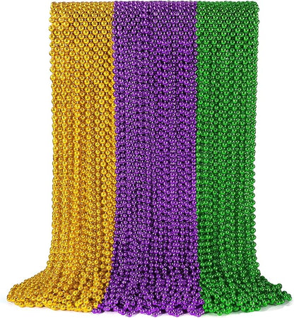 72 PCS Mardi Gras Beads Necklaces, Gold Green Purple Metallic Bead Necklaces 33” 7 mm Mardi Gras Beads Necklaces Accessories Bulk Party Beads Necklaces for Mardi Gras Party, Throw Beads Party Favors
